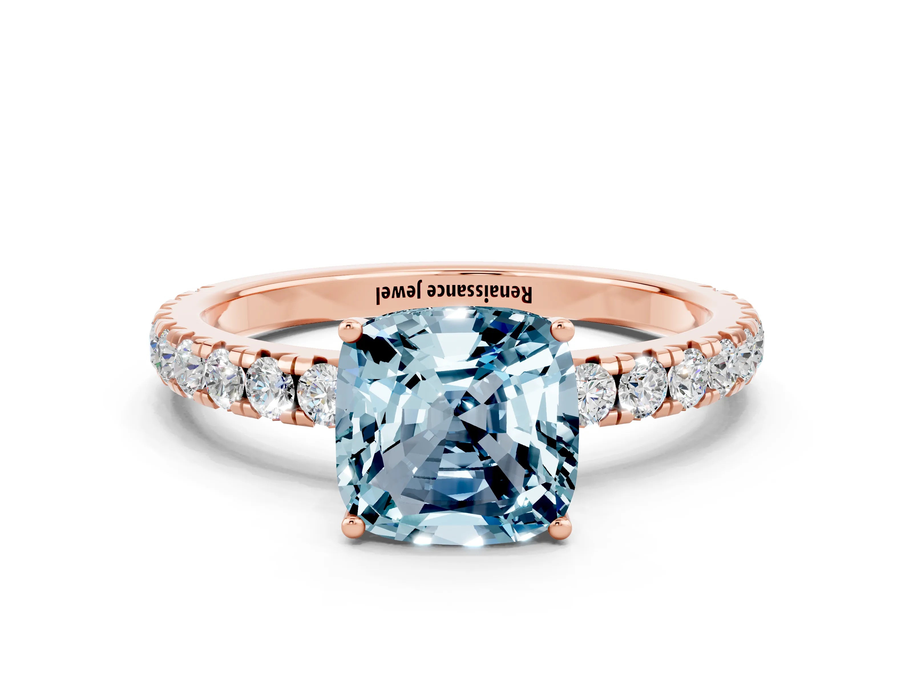 Rose gold Cushion Cut Aquamarine Pavé Solitaire Engagement Ring with Four-Prong Setting_12