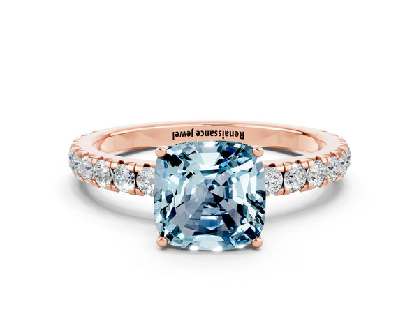 Rose gold Cushion Cut Aquamarine Pavé Solitaire Engagement Ring with Four-Prong Setting