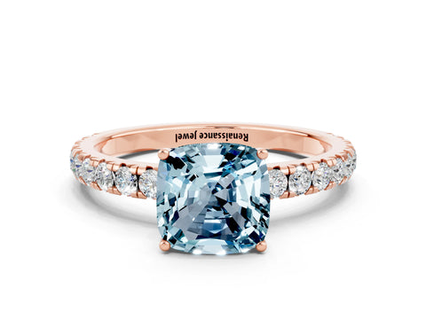 Rose gold Cushion Cut Aquamarine Pavé Solitaire Engagement Ring with Four-Prong Setting_12