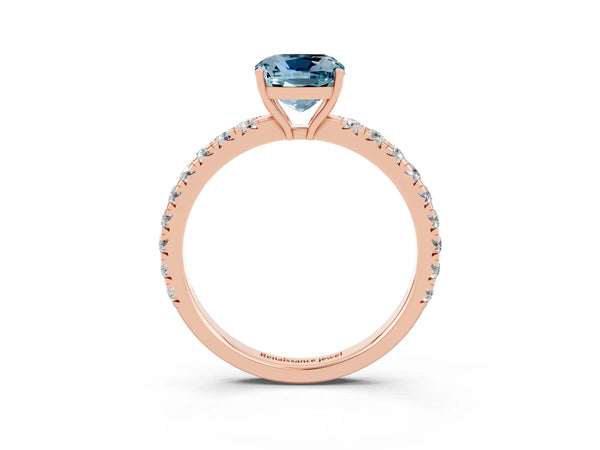 Rose gold Cushion Cut Aquamarine Pavé Solitaire Engagement Ring with Four-Prong Setting