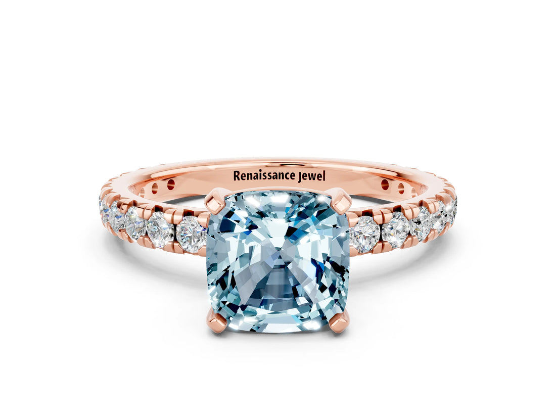 Rose gold Cushion Cut Aquamarine Pavé Solitaire Ring with Round Band and Prong Setting_24