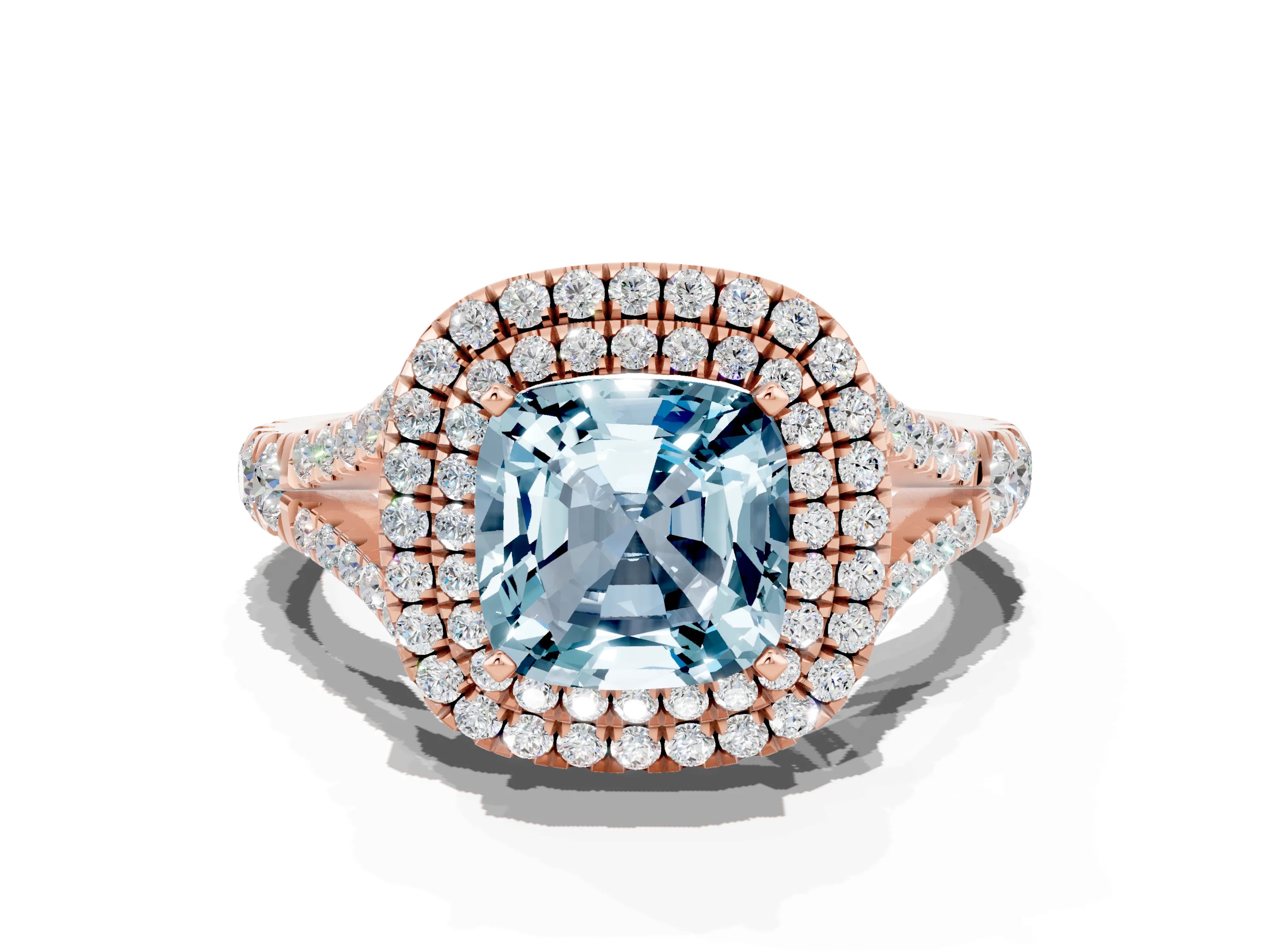 Rose gold Cushion Cut Aquamarine Pavé Split Shank Double Halo Engagement Ring