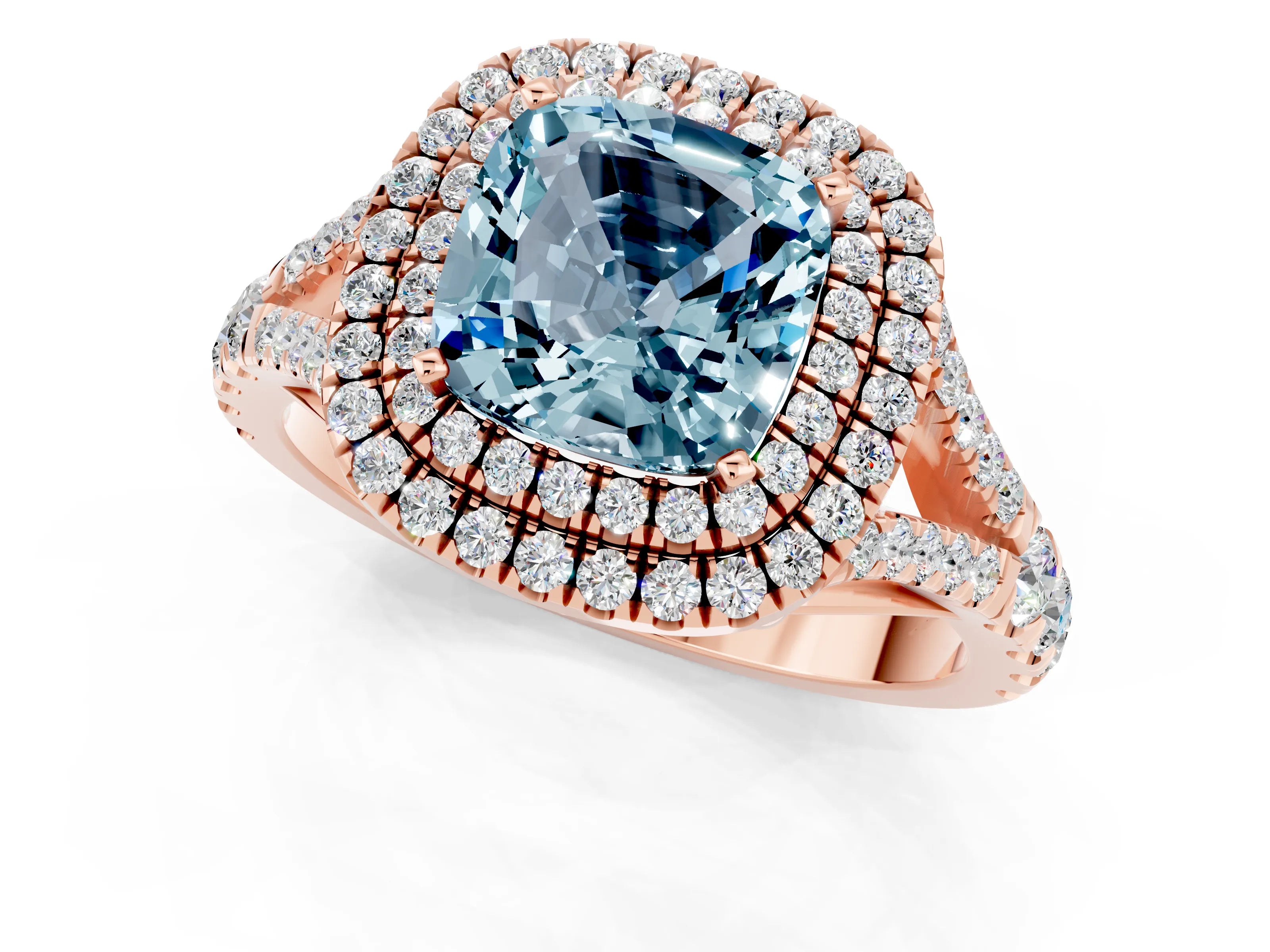 Rose gold Cushion Cut Aquamarine Pavé Split Shank Double Halo Engagement Ring_1