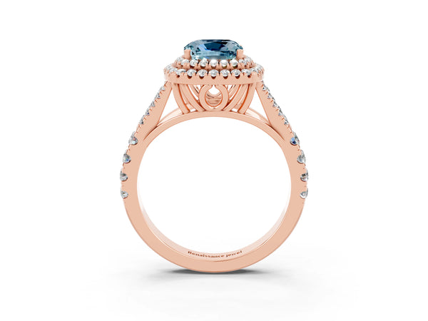 Rose gold Cushion Cut Aquamarine Pavé Split Shank Double Halo Engagement Ring