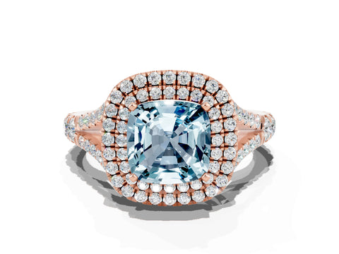 Rose gold Cushion Cut Aquamarine Pavé Split Shank Double Halo Engagement Ring