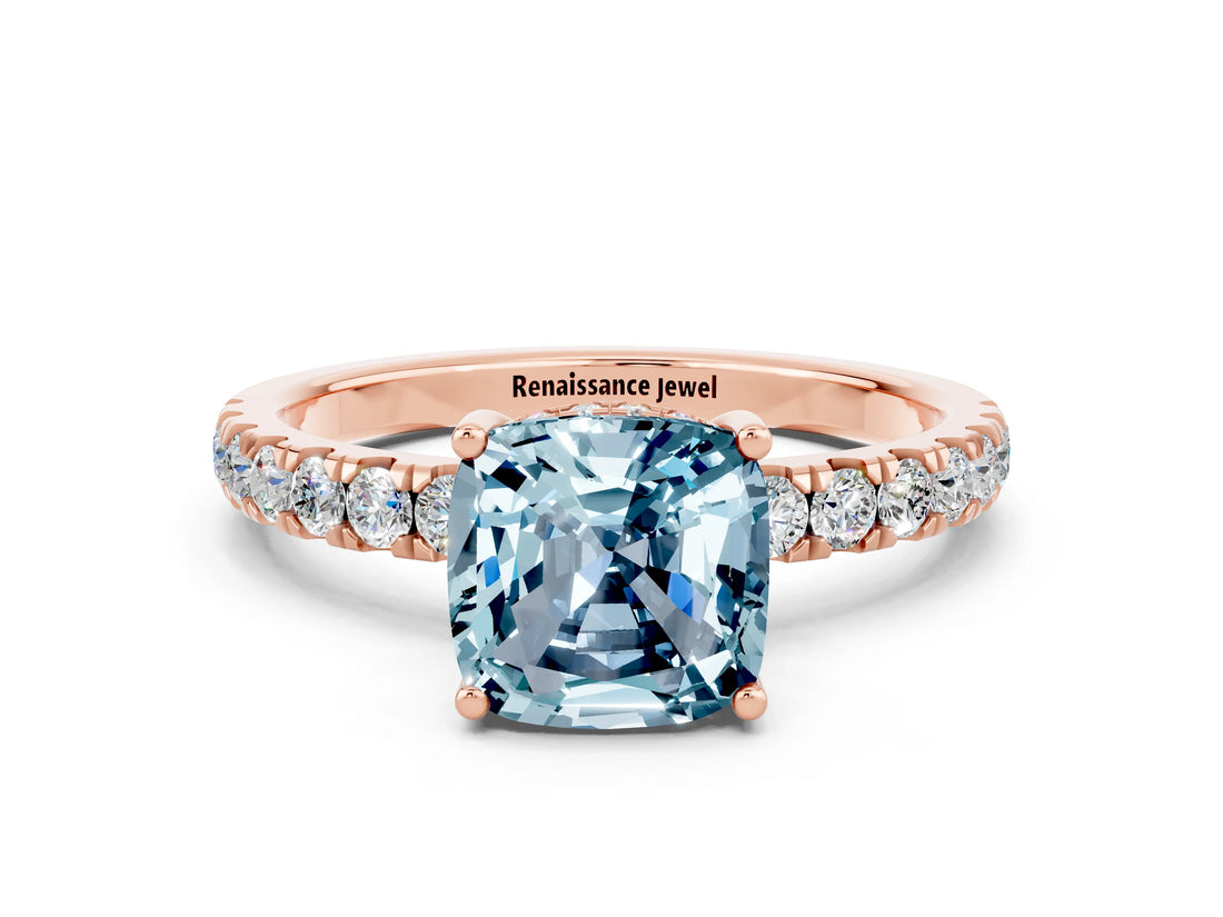 Rose gold Cushion Cut Aquamarine Pave Band Solitaire Ring with Four-Prong Setting_24