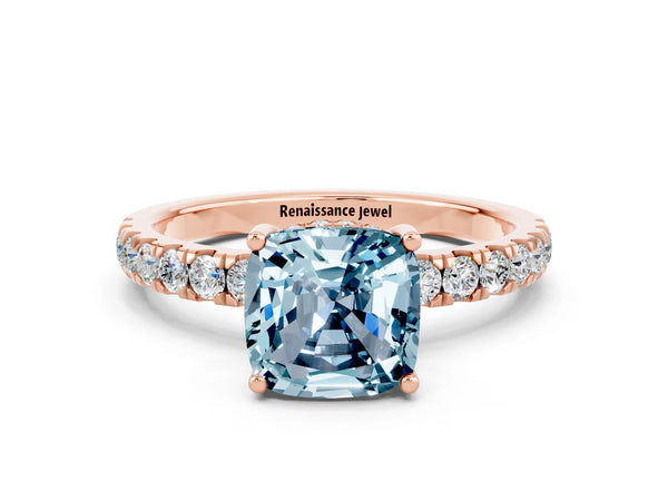 Rose gold Cushion Cut Aquamarine Pave Band Solitaire Ring with Round  and Prong Setting