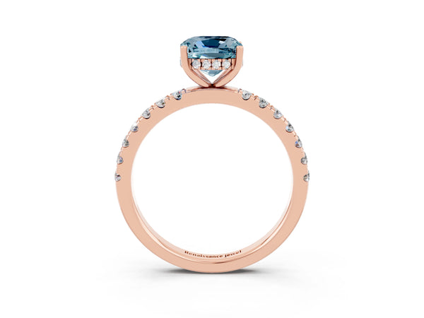 Rose gold Cushion Cut Aquamarine Pave Band Solitaire Ring with Round  and Prong Setting