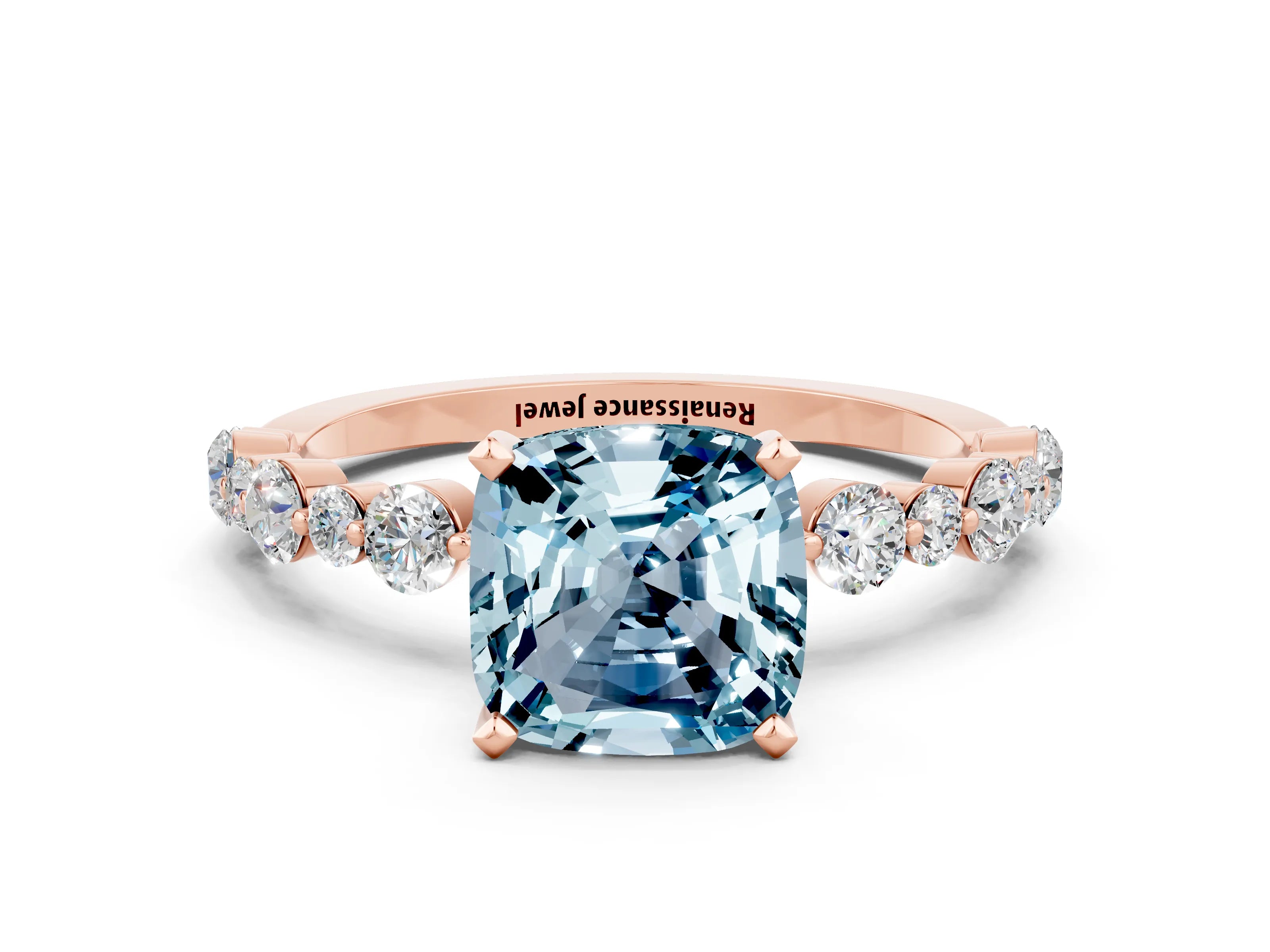 Rose gold Cushion Cut Aquamarine Prong Set Engagement Ring with Pavé Band