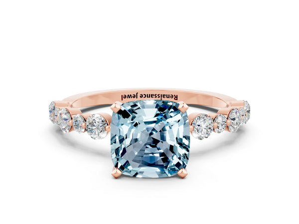 Rose gold Cushion Cut Aquamarine Prong Set Engagement Ring with Pavé Band