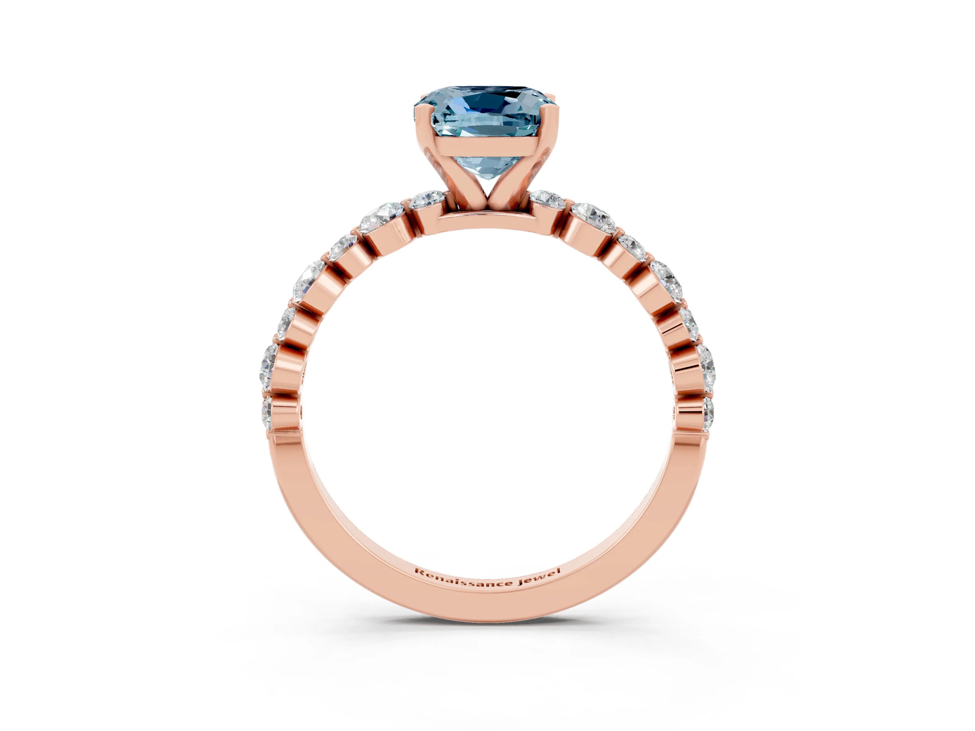 Rose gold Cushion Cut Aquamarine Prong Set Engagement Ring with Pavé Band_3