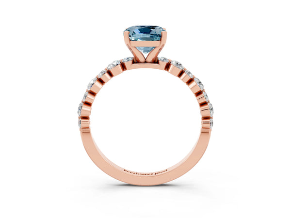 Rose gold Cushion Cut Aquamarine Prong Set Engagement Ring with Pavé Band
