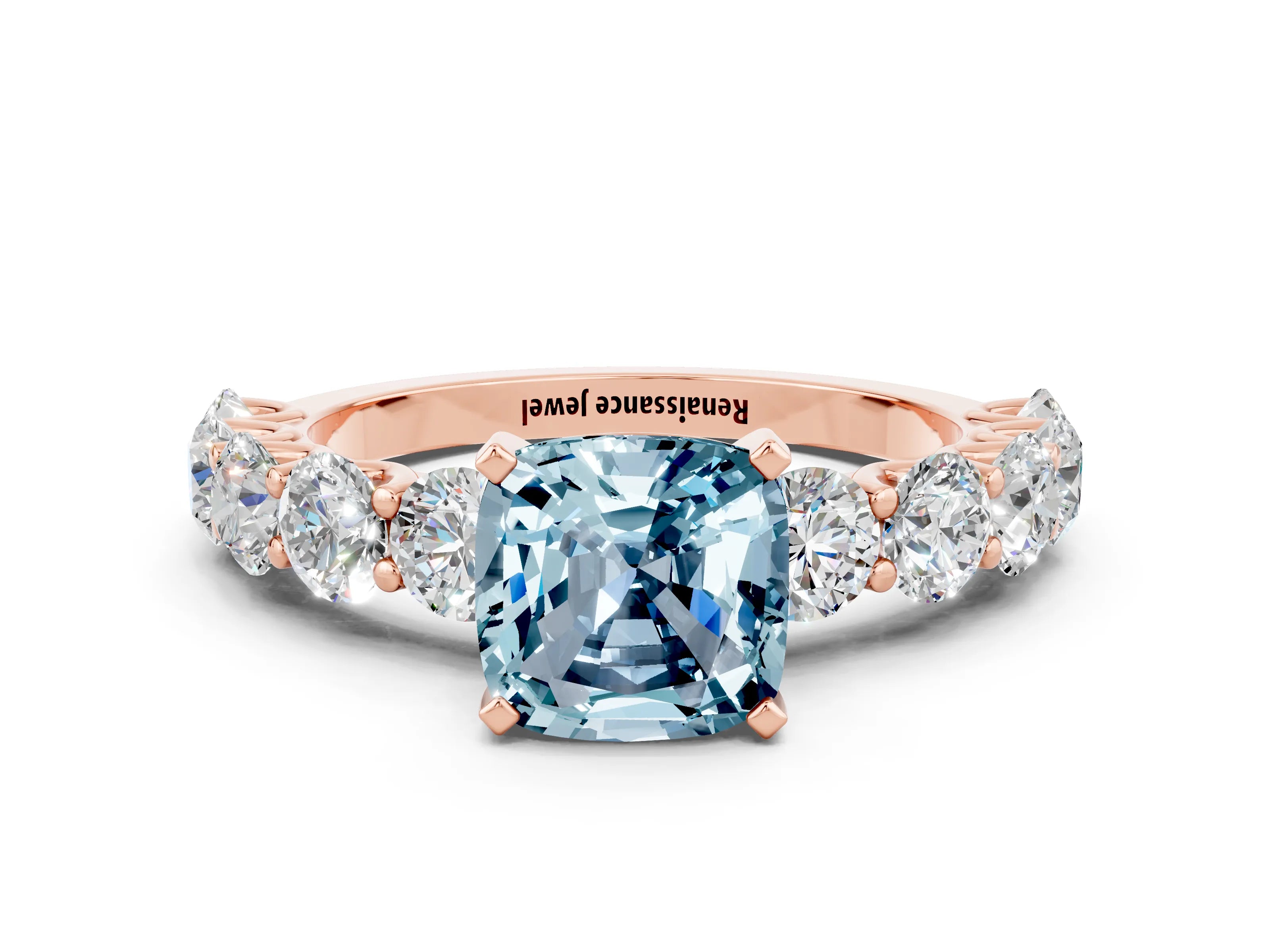 Rose gold Cushion Cut Aquamarine Prong Setting with Side Stones on a Pave Band