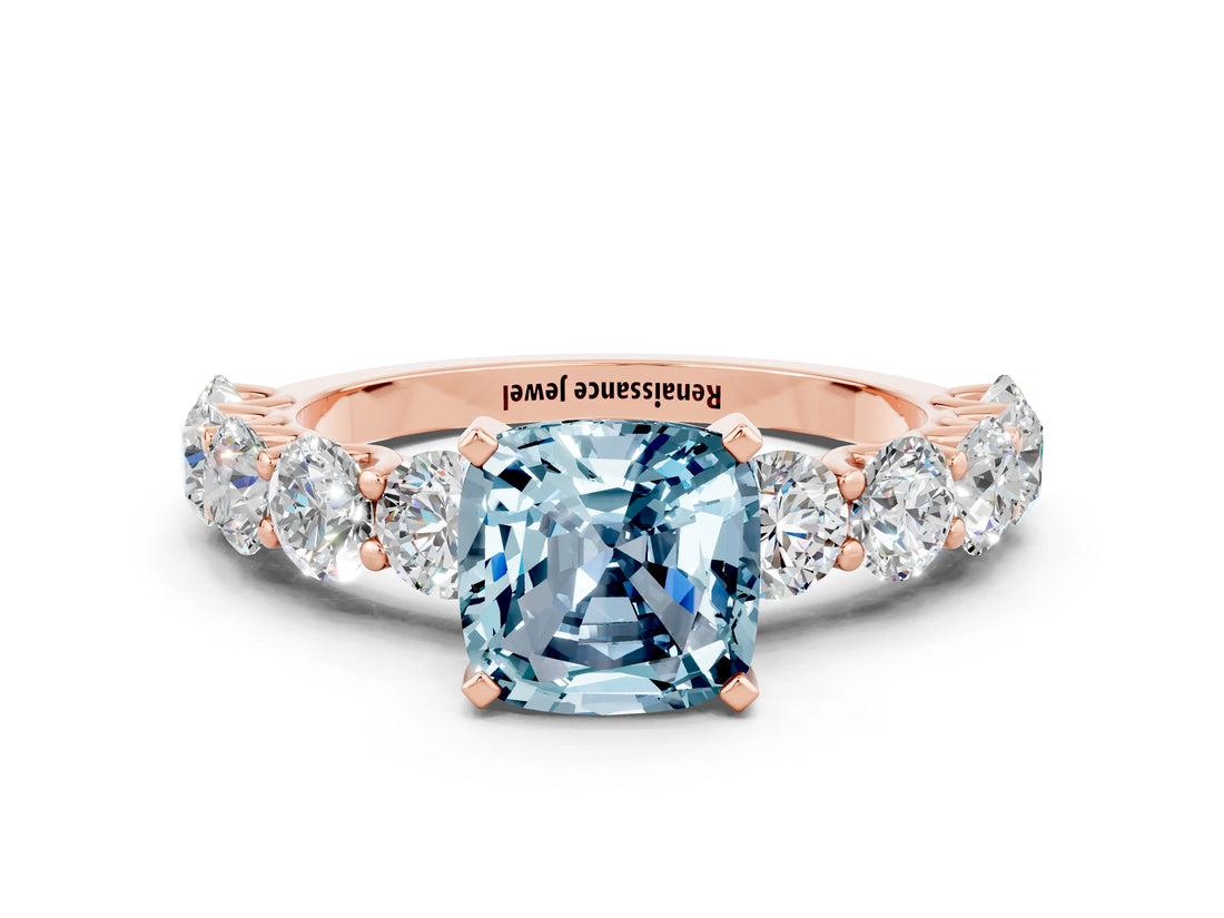 Rose gold Cushion Cut Aquamarine Prong Setting with Side Stones on a Pave Band