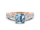 Rose gold Cushion Cut Aquamarine Prong Setting with Side Stones on a Pave Band