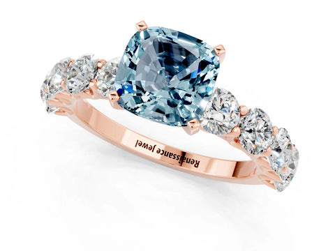 Rose gold Cushion Cut Aquamarine Prong Setting with Side Stones on a Pave Band_1