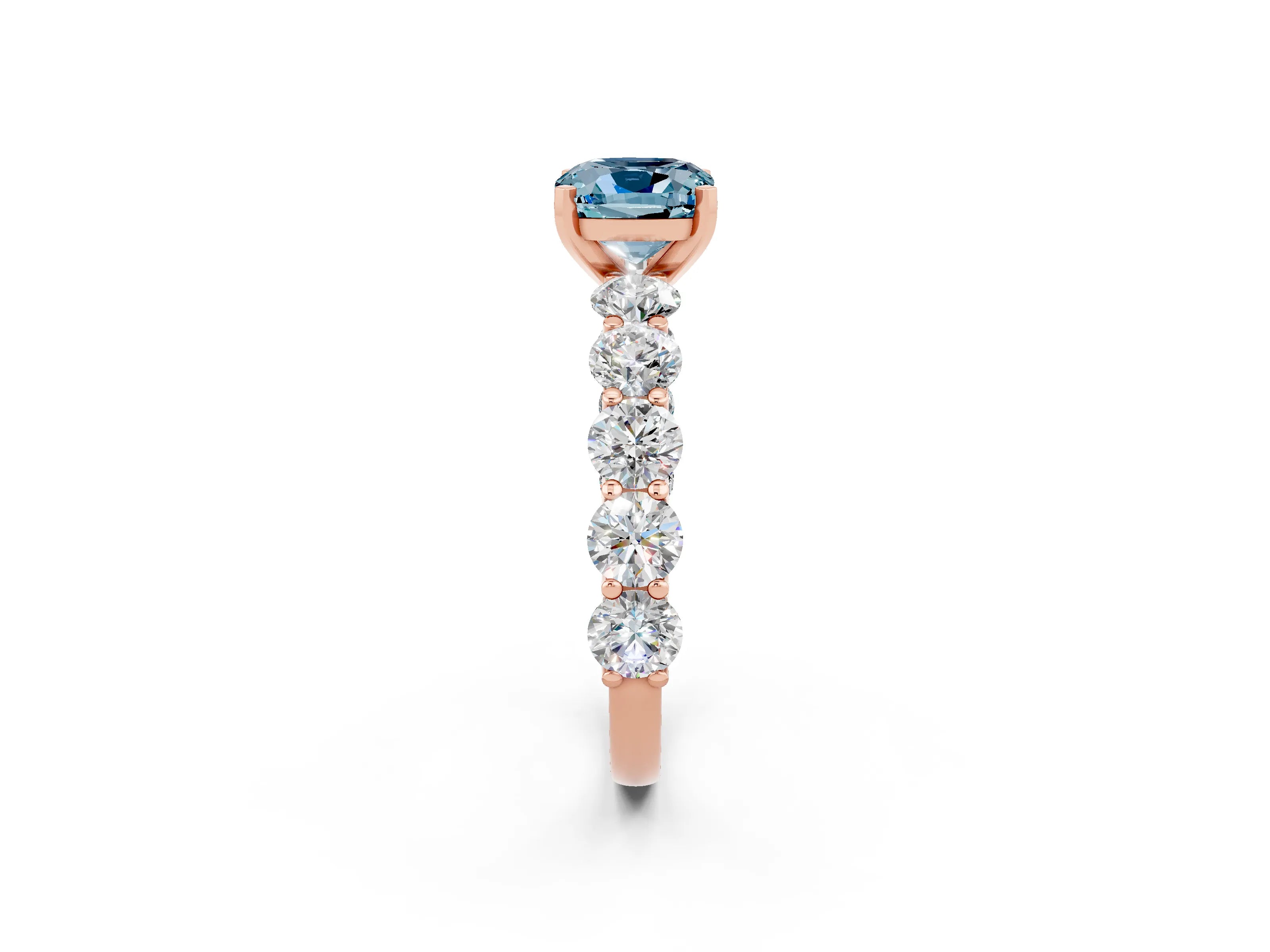 Rose gold Cushion Cut Aquamarine Prong Setting with Side Stones on a Pave Band_2
