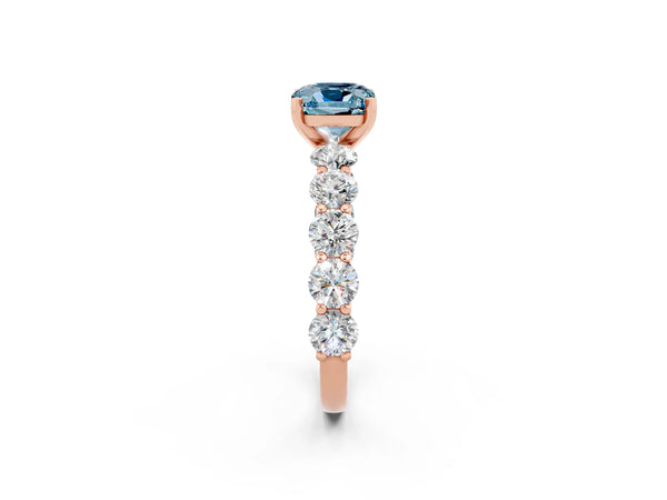 Rose gold Cushion Cut Aquamarine Prong Setting with Side Stones on a Pave Band