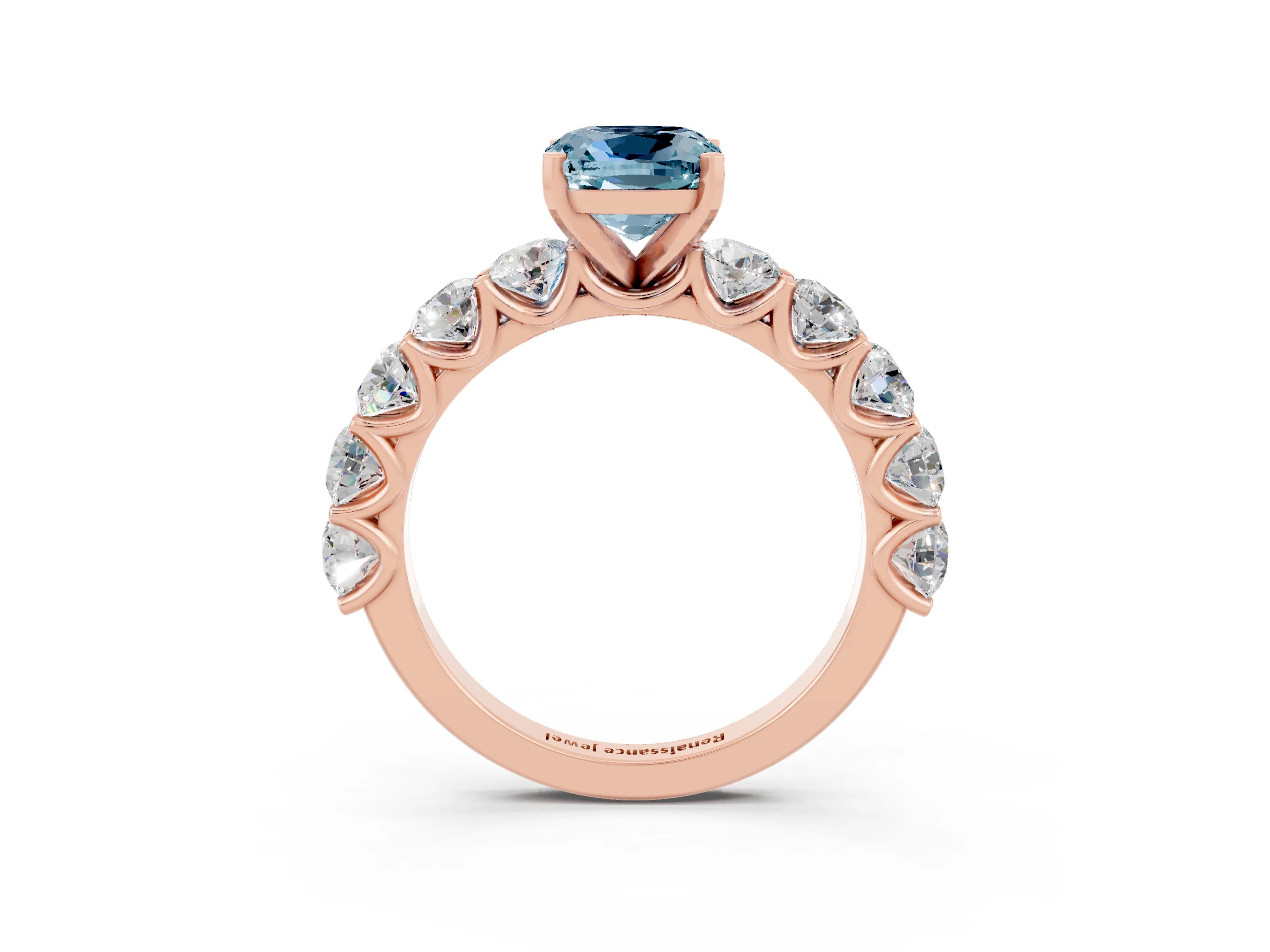 Rose gold Cushion Cut Aquamarine Prong Setting with Side Stones on a Pave Band_3