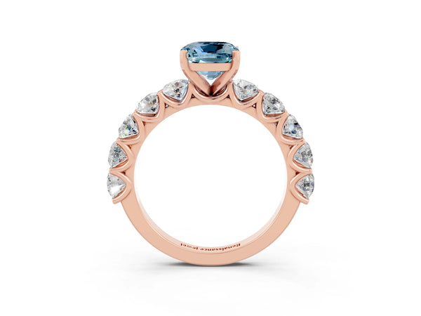 Rose gold Cushion Cut Aquamarine Prong Setting with Side Stones on a Pave Band