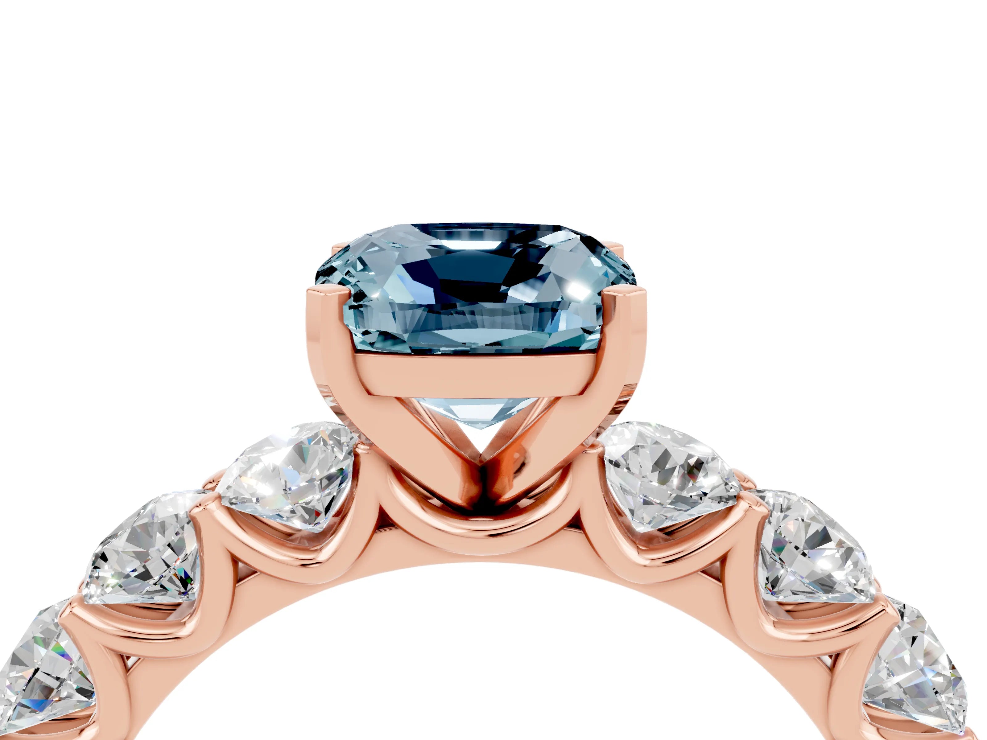 Rose gold Cushion Cut Aquamarine Prong Setting with Side Stones on a Pave Band_4