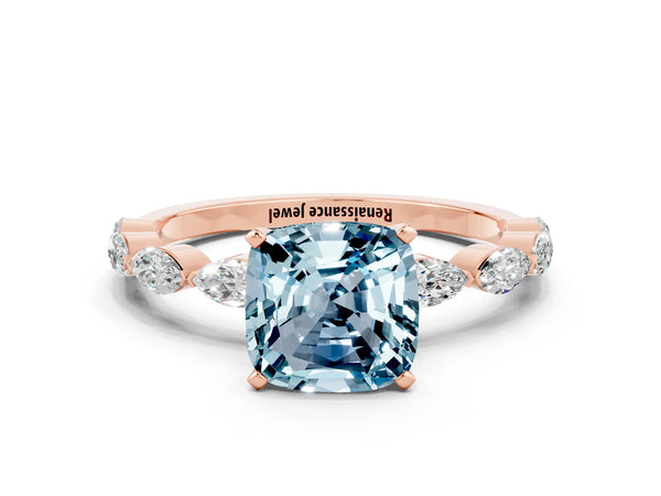 Rose gold Cushion Cut Aquamarine Ring with Marquise Side Stones and Prong Setting
