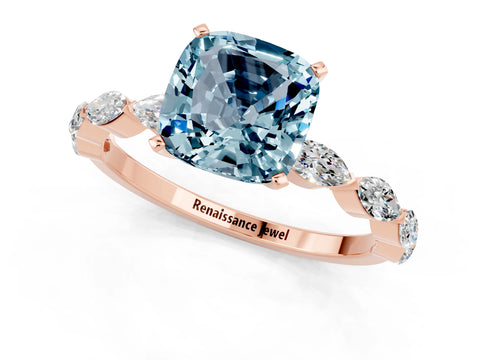 Rose gold Cushion Cut Aquamarine Ring with Marquise Side Stones and Prong Setting_1