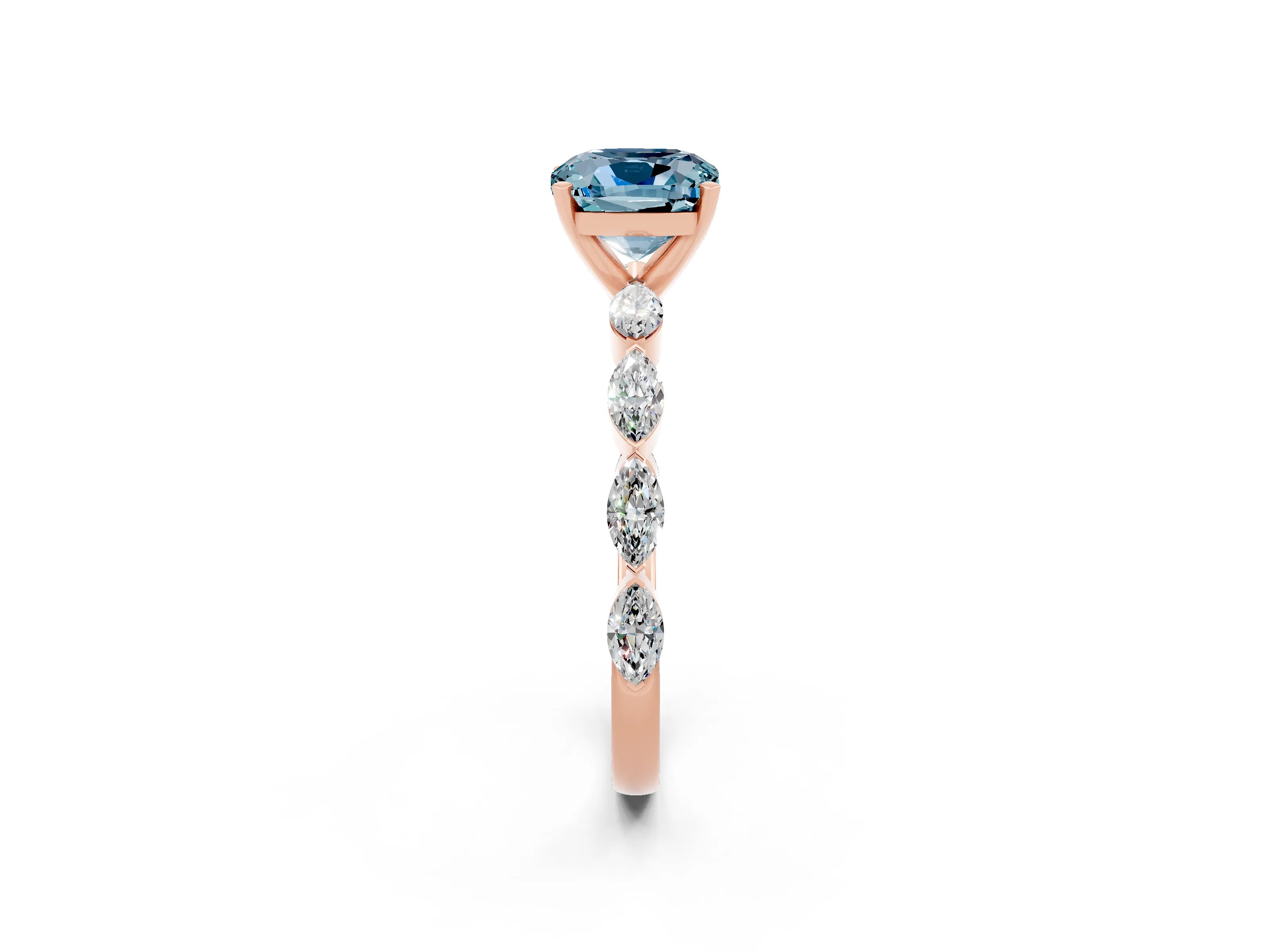 Rose gold Cushion Cut Aquamarine Ring with Marquise Side Stones and Prong Setting_2