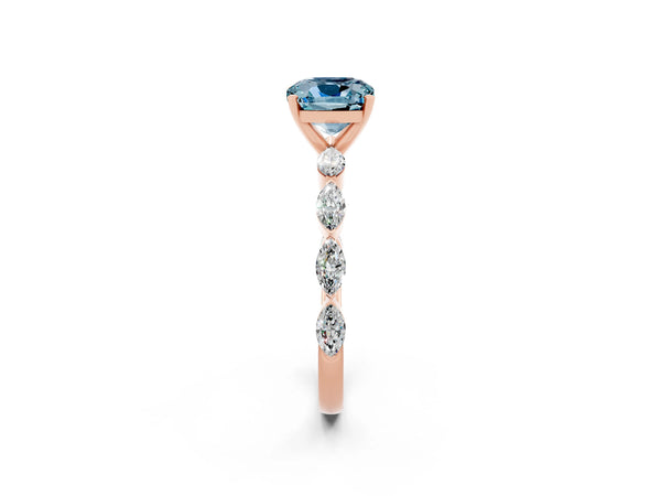Rose gold Cushion Cut Aquamarine Ring with Marquise Side Stones and Prong Setting