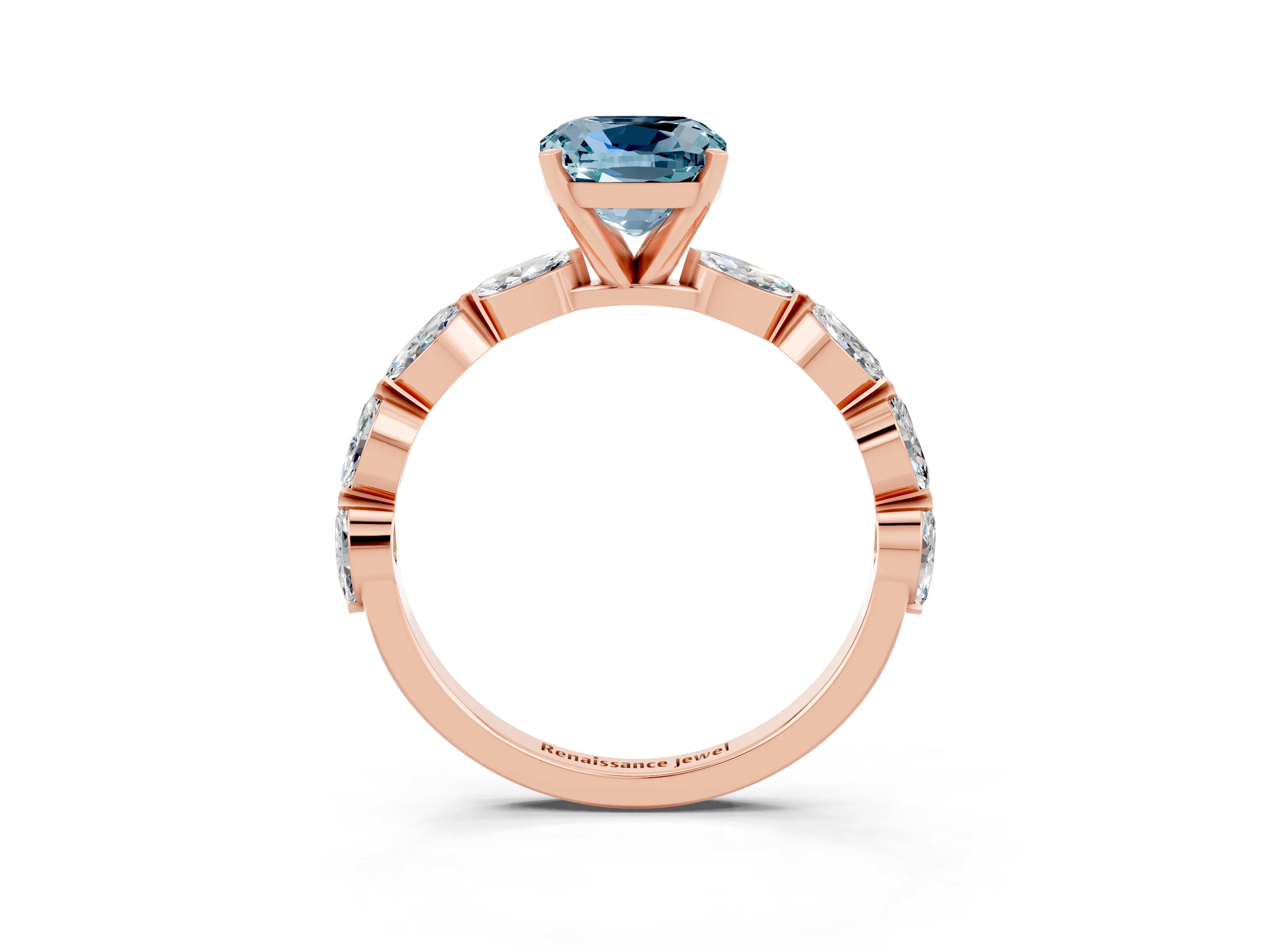 Rose gold Cushion Cut Aquamarine Ring with Marquise Side Stones and Prong Setting_3
