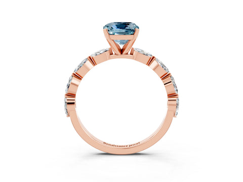 Rose gold Cushion Cut Aquamarine Ring with Marquise Side Stones and Prong Setting_3