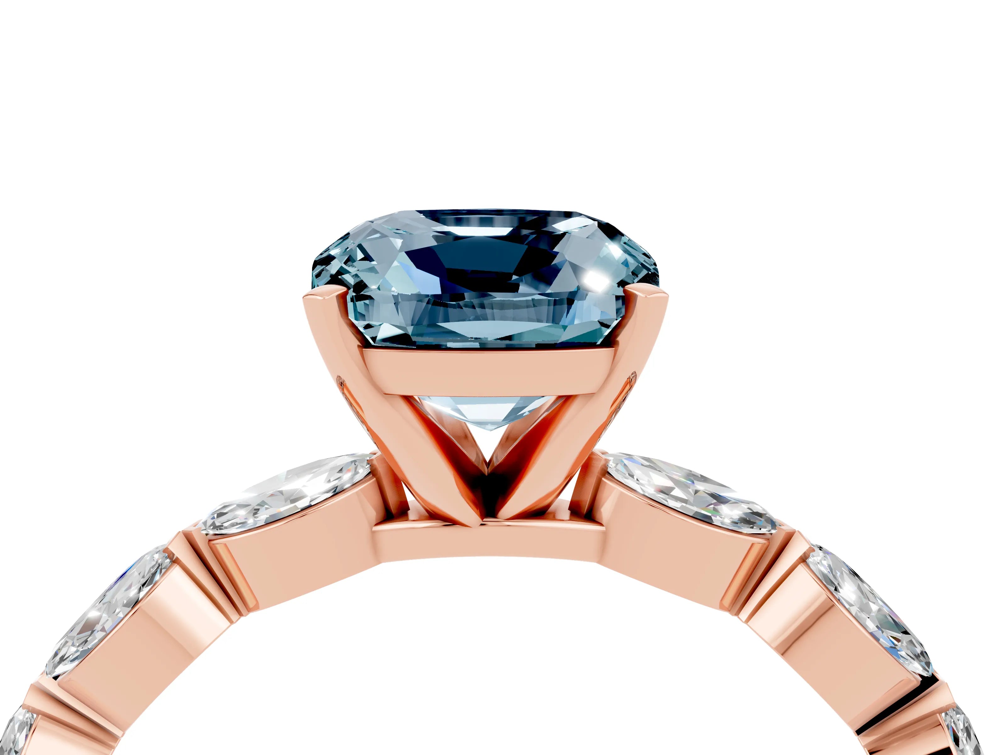Rose gold Cushion Cut Aquamarine Ring with Marquise Side Stones and Prong Setting_4
