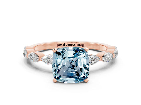 Rose gold Cushion Cut Aquamarine Ring with Marquise Side Stones and Prong Setting