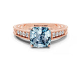 Rose gold Cushion Cut Aquamarine Ring with Milgrain Pavé Band and Four-Prong Setting_12