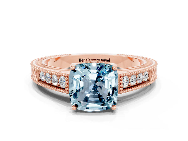 Rose gold Cushion Cut Aquamarine Ring with Milgrain Pavé Band and Four-Prong Setting