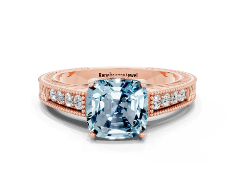 Rose gold Cushion Cut Aquamarine Ring with Milgrain Pavé Band and Four-Prong Setting_12