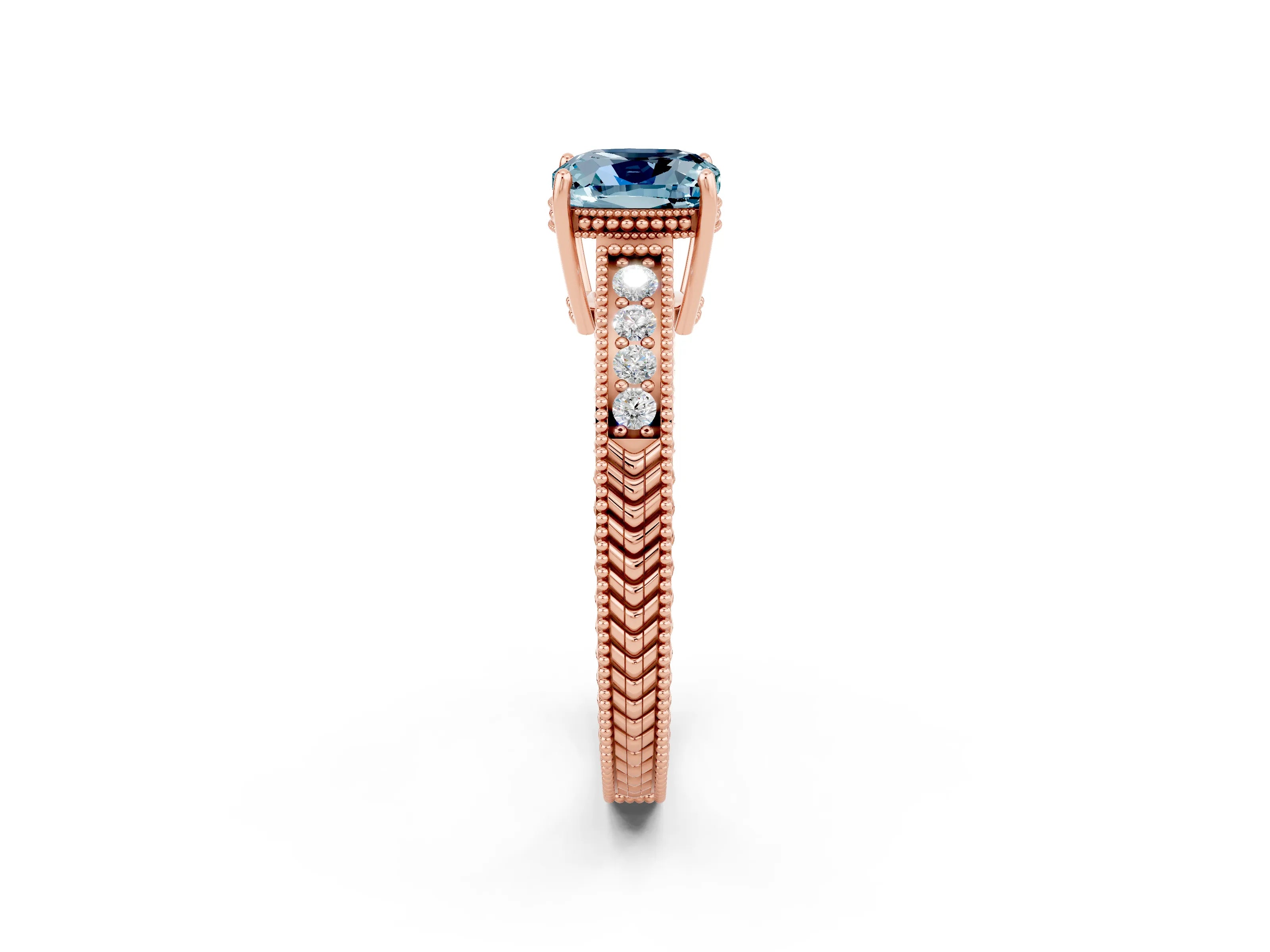 Rose gold Cushion Cut Aquamarine Ring with Milgrain Pavé Band and Four-Prong Setting_14