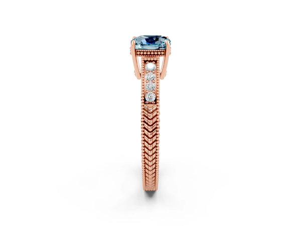 Rose gold Cushion Cut Aquamarine Ring with Milgrain Pavé Band and Four-Prong Setting