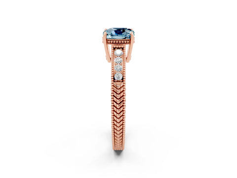 Rose gold Cushion Cut Aquamarine Ring with Milgrain Pavé Band and Four-Prong Setting_14