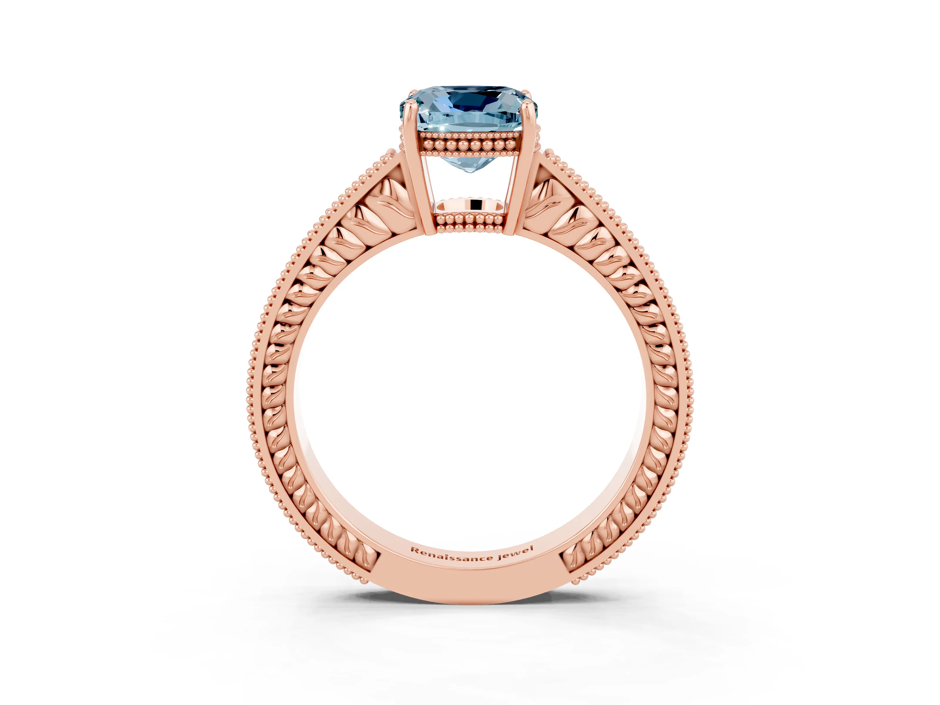 Rose gold Cushion Cut Aquamarine Ring with Milgrain Pavé Band and Four-Prong Setting_15