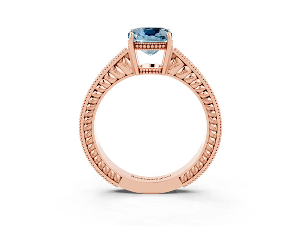 Rose gold Cushion Cut Aquamarine Ring with Milgrain Pavé Band and Four-Prong Setting
