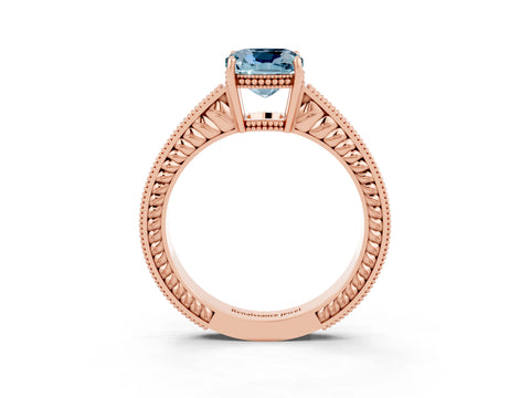 Rose gold Cushion Cut Aquamarine Ring with Milgrain Pavé Band and Four-Prong Setting_15