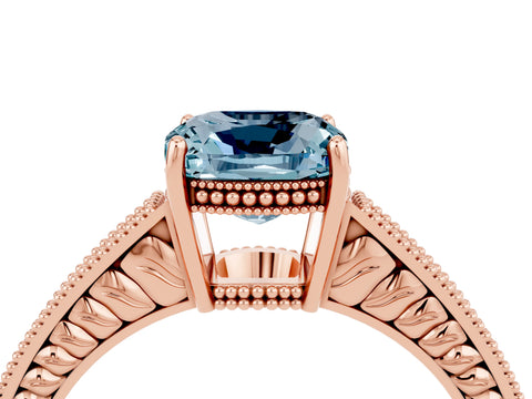 Rose gold Cushion Cut Aquamarine Ring with Milgrain Pavé Band and Four-Prong Setting_16