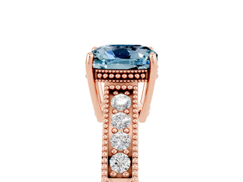 Rose gold Cushion Cut Aquamarine Ring with Milgrain Pavé Band and Four-Prong Setting_17