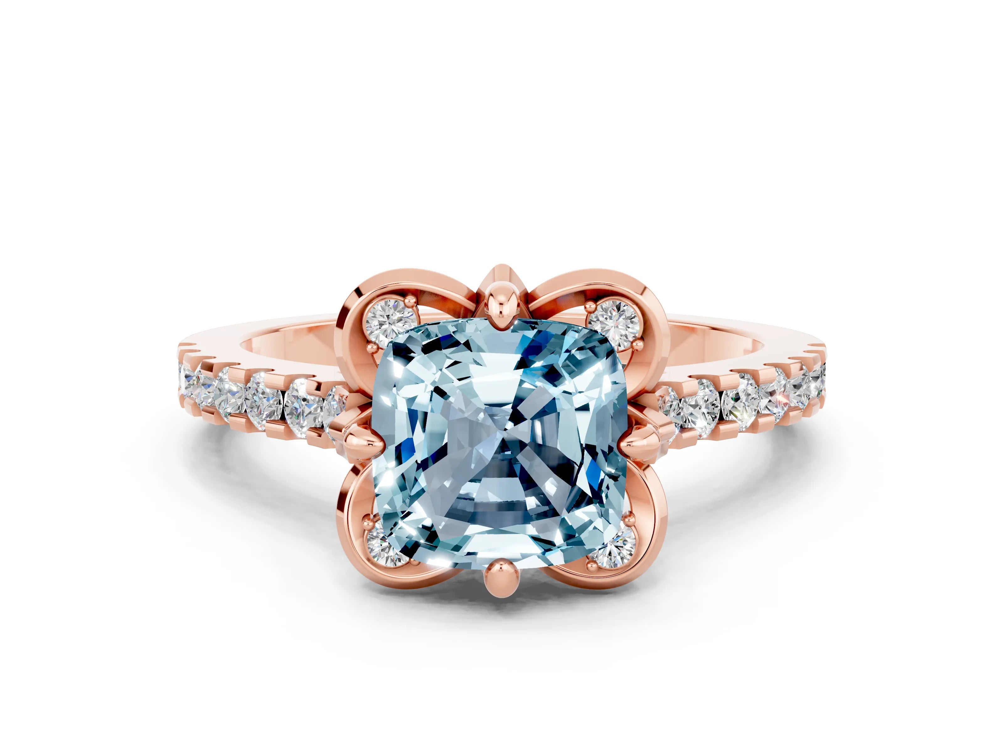 Rose gold Cushion Cut Aquamarine Ring with Pavé Band and Floral Prong Setting