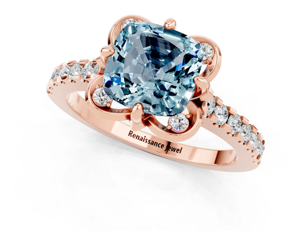 Rose gold Cushion Cut Aquamarine Ring with Pavé Band and Floral Prong Setting