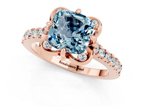 Rose gold Cushion Cut Aquamarine Ring with Pavé Band and Floral Prong Setting_1