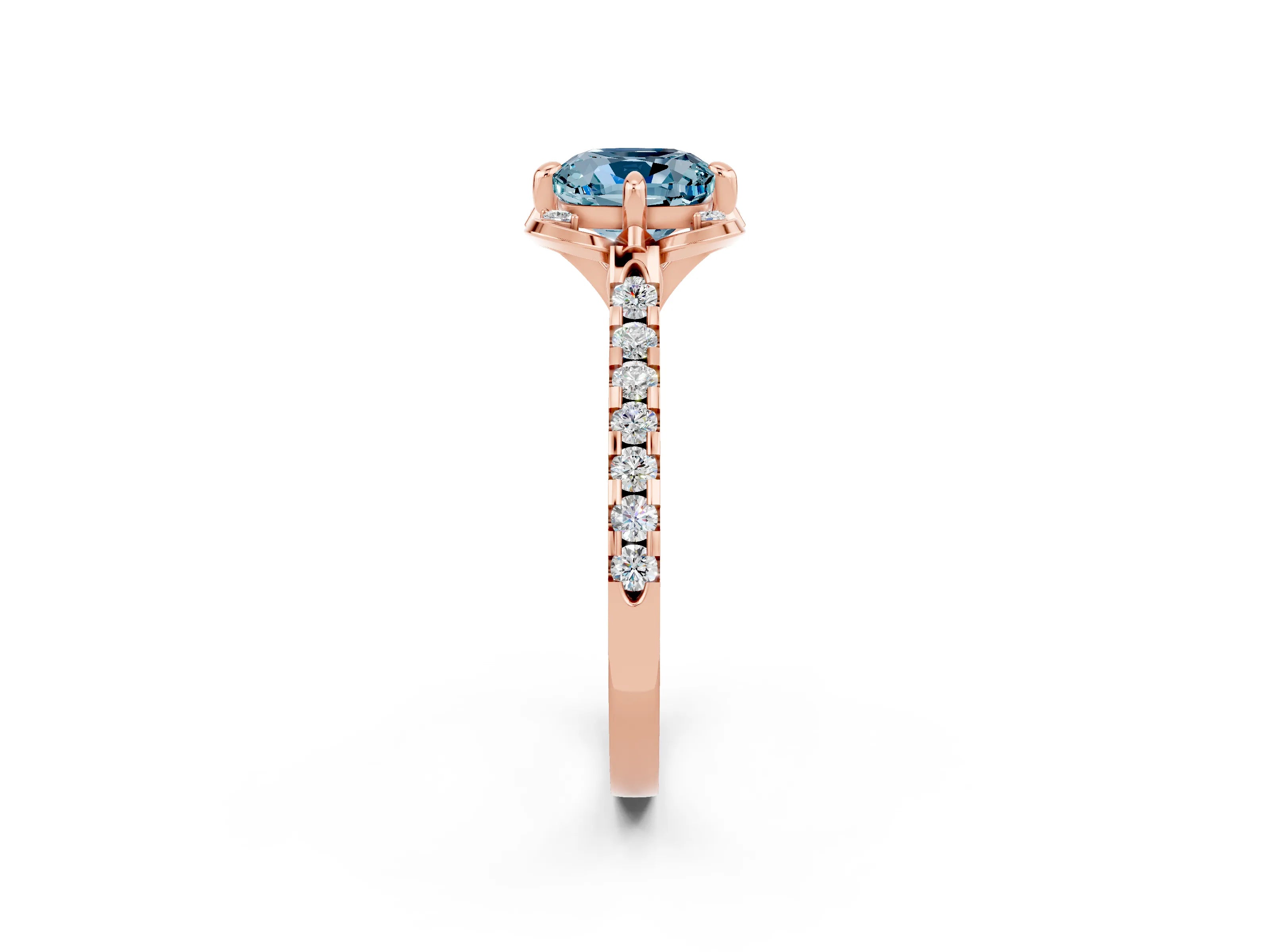 Rose gold Cushion Cut Aquamarine Ring with Pavé Band and Floral Prong Setting_2