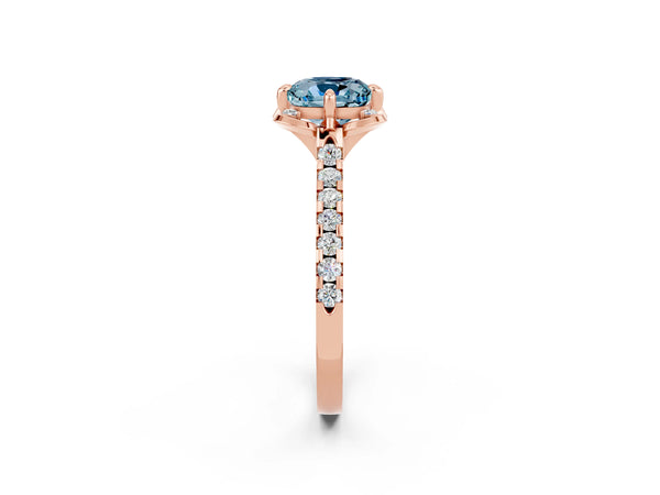Rose gold Cushion Cut Aquamarine Ring with Pavé Band and Floral Prong Setting