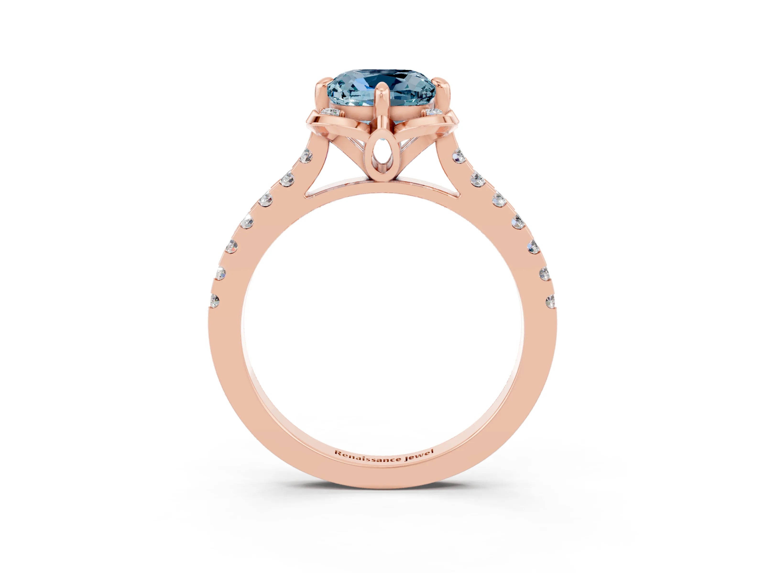 Rose gold Cushion Cut Aquamarine Ring with Pavé Band and Floral Prong Setting_3